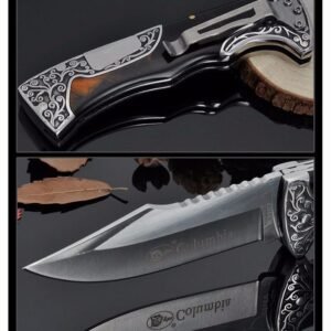 Columbia A3157 lock-back folding knife with black-brown stone inlay handle