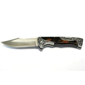 Columbia A3157 lock-back folding knife with black-brown stone inlay handle