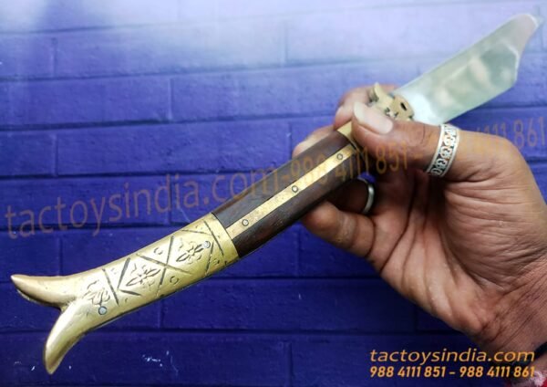Rampuri Knife Big Sheesham wood + Brass handle Lever lock Spring Steel Switchblade Handmade Folder