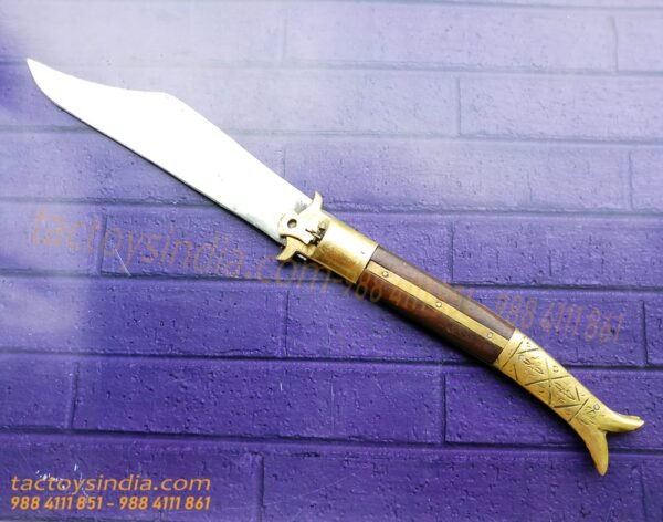 Rampuri Knife Big Sheesham wood + Brass handle Lever lock Spring Steel Switchblade Handmade Folder