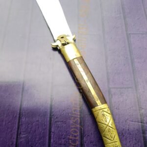 Rampuri Knife Big Sheesham wood + Brass handle Lever lock Spring Steel Switchblade Handmade Folder